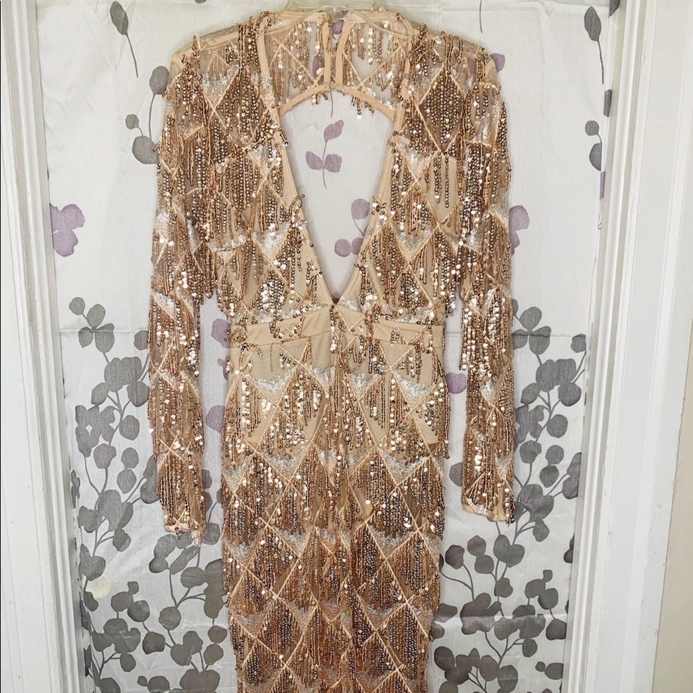 Rose gold Sequin deep V sheer backless dress